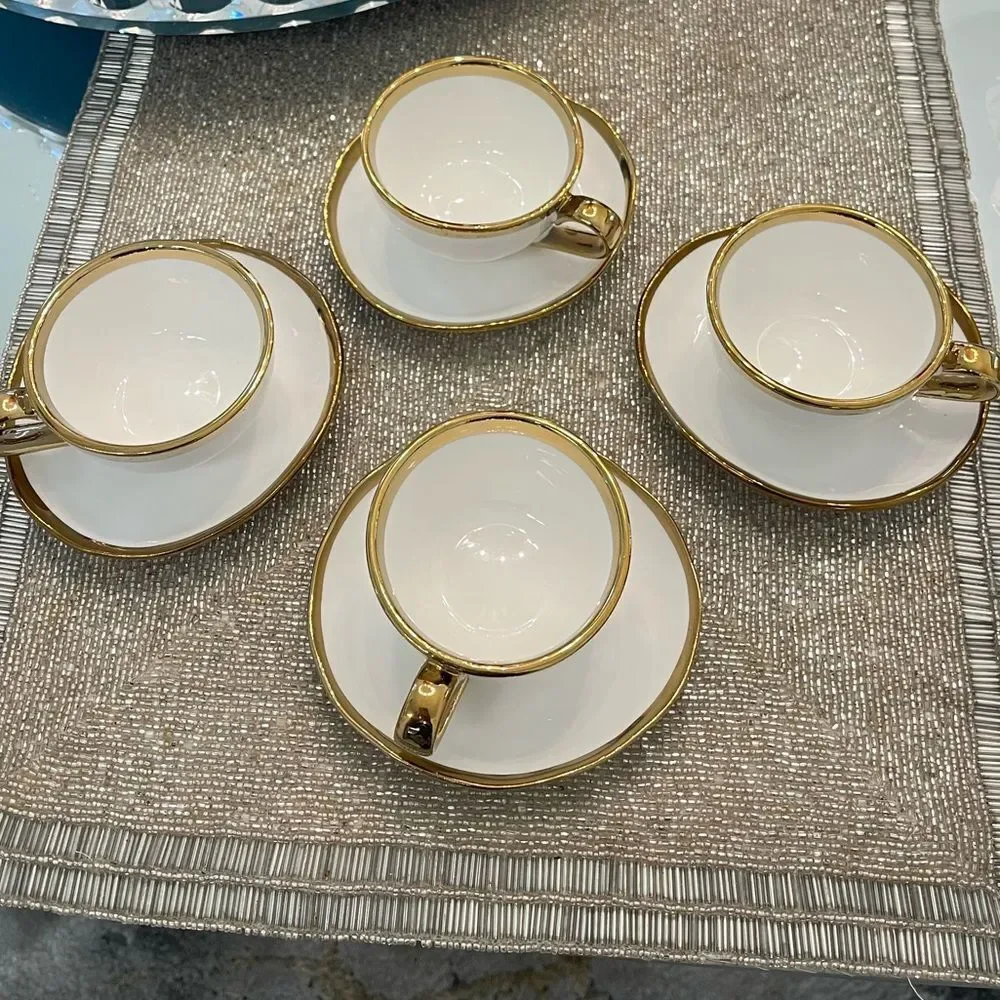 Set of 4 Gold Metallic Porcelain Cup & Saucer